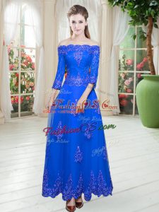 Stunning Lace Prom Dress Royal Blue Lace Up 3 4 Length Sleeve Floor Length