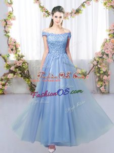 Customized Blue Sleeveless Tulle Lace Up Quinceanera Court Dresses for Prom and Party and Wedding Party