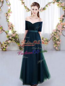 Cute Navy Blue Tulle Lace Up Off The Shoulder Short Sleeves Floor Length Quinceanera Court of Honor Dress Ruching