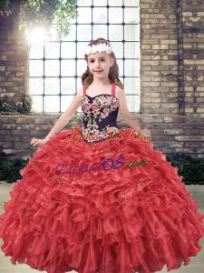 Inexpensive Red Straps Neckline Embroidery and Ruffles Kids Pageant Dress Sleeveless Lace Up
