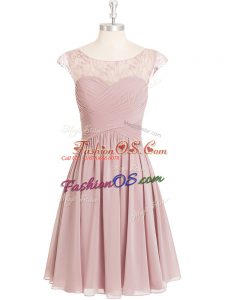 Pink A-line Scoop Cap Sleeves Chiffon Mini Length Lace Prom Dress