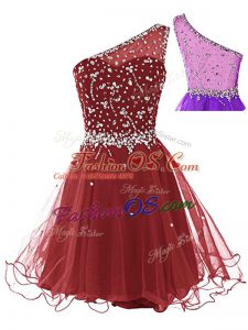 Classical Wine Red One Shoulder Neckline Beading Dress for Prom Sleeveless Side Zipper