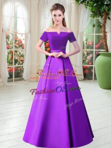 Purple A-line Belt Homecoming Dress Lace Up Satin Short Sleeves Floor Length