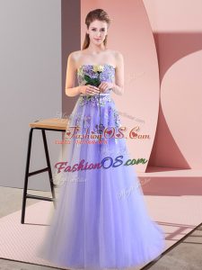 Luxurious Sleeveless Tulle Floor Length Lace Up Prom Party Dress in Lavender with Appliques