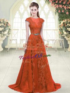 High Class Cap Sleeves Sweep Train Beading and Lace Zipper Prom Gown