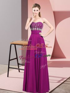 Fabulous Fuchsia Sleeveless Floor Length Beading and Ruching Zipper Dress for Prom
