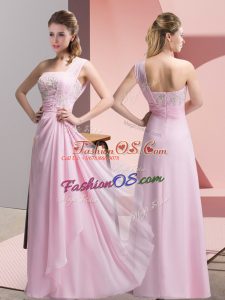 Baby Pink One Shoulder Neckline Beading and Appliques Prom Gown Sleeveless Zipper