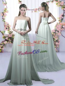 Apple Green Empire Strapless Sleeveless Chiffon Brush Train Beading Bridesmaid Dresses