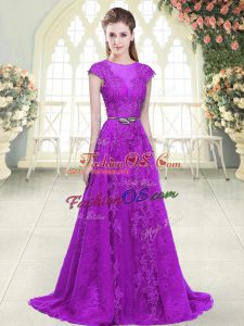 Purple Prom Dresses Tulle Sweep Train Cap Sleeves Lace and Appliques and Pick Ups