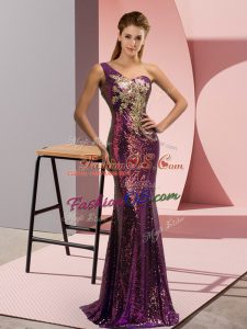 Purple One Shoulder Neckline Beading and Appliques Prom Gown Sleeveless Lace Up