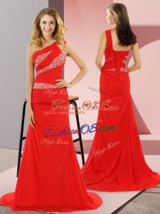 Red Sleeveless Beading Lace Up Prom Dress