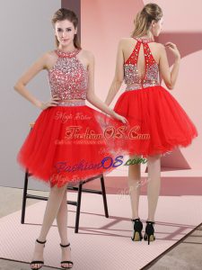 Red Organza Backless Halter Top Sleeveless Knee Length Beading