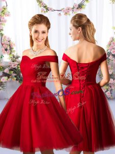 Red Lace Up Bridesmaid Dresses Ruching Sleeveless Knee Length