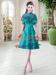High-neck Cap Sleeves Satin Prom Dresses Ruffled Layers Lace Up