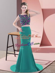 Scoop Sleeveless Prom Evening Gown Sweep Train Beading Turquoise Satin