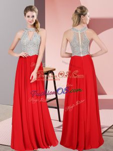 Beading and Lace Homecoming Dress Red Zipper Sleeveless Floor Length