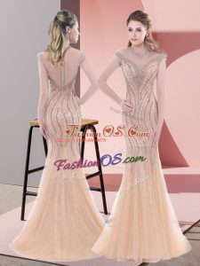 Scoop Sleeveless Tulle Prom Gown Beading Sweep Train Zipper