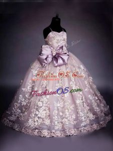 Sweet Ball Gowns Pageant Gowns For Girls Pink Spaghetti Straps Tulle Sleeveless Floor Length Lace Up