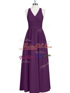Luxurious Eggplant Purple A-line V-neck Sleeveless Chiffon Floor Length Zipper Ruching Dress for Prom