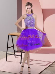Unique Two Pieces Prom Evening Gown Purple Halter Top Organza Sleeveless Knee Length Backless
