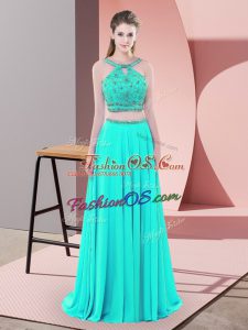Classical Aqua Blue Sleeveless Beading Backless Prom Dresses