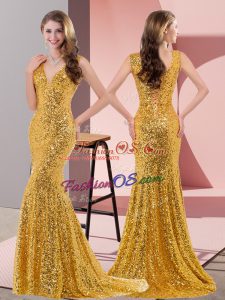 Gold Sleeveless Sequined Sweep Train Lace Up Dress for Prom for Prom and Party and Military Ball