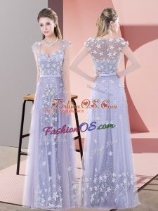 Fantastic Cap Sleeves Floor Length Beading and Appliques Zipper with Lavender