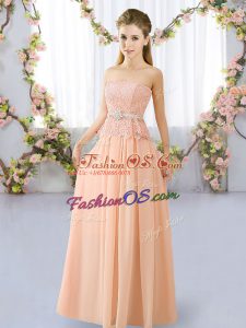 Floor Length Lace Up Quinceanera Court of Honor Dress Peach for Prom and Party and Wedding Party with Lace and Belt