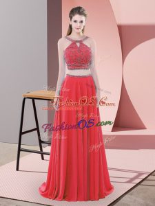 Straps Sleeveless Chiffon Prom Gown Beading Sweep Train Backless