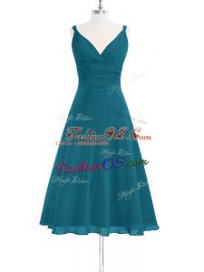 Spectacular Straps Sleeveless Prom Dresses Knee Length Ruching Teal Chiffon