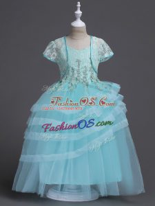 Glittering Floor Length Aqua Blue Flower Girl Dresses for Less Tulle Sleeveless Appliques