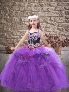 Fantastic Sleeveless Floor Length Embroidery and Ruffles Lace Up Little Girl Pageant Dress with Purple