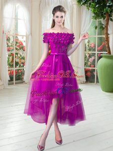 Graceful Fuchsia Prom Dresses Prom and Party with Appliques Off The Shoulder Short Sleeves Lace Up