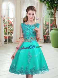 Unique Sleeveless Knee Length Beading and Appliques Lace Up Prom Dress with Turquoise