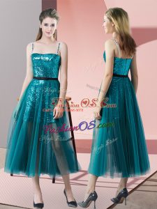 Teal Sleeveless Tulle Zipper Prom Evening Gown for Prom and Party