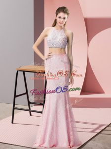 Flare Pink Prom Dress Prom and Party and Wedding Party with Beading Halter Top Sleeveless Backless