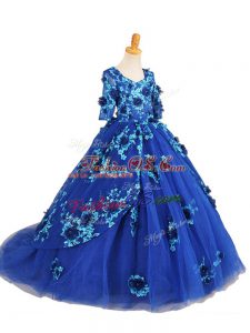 Brush Train Ball Gowns Girls Pageant Dresses Blue V-neck Tulle Half Sleeves Zipper
