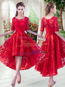 Latest Scoop Half Sleeves Zipper Lace Prom Dresses in Red