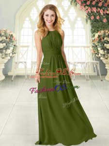 Fancy Olive Green Sleeveless Floor Length Ruching Zipper Prom Party Dress
