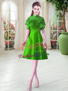 Satin High-neck Cap Sleeves Lace Up Ruffled Layers in Green