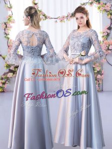 Luxury Silver Satin Lace Up Scoop 3 4 Length Sleeve Floor Length Bridesmaid Dress Lace