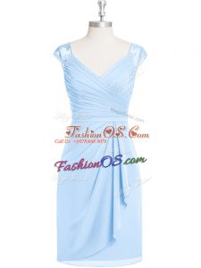 Stylish Knee Length Column/Sheath Cap Sleeves Light Blue Dress for Prom Zipper