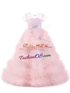 Baby Pink Backless Little Girls Pageant Dress Beading and Ruffles Short Sleeves Floor Length