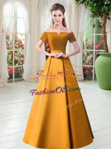 Custom Fit Floor Length Gold Prom Dresses Satin Short Sleeves Belt
