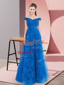 Off The Shoulder Sleeveless Lace Up Prom Evening Gown Blue