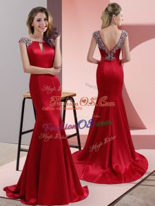 Noble Red Cap Sleeves Beading Backless Prom Dress