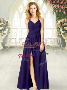 Charming Purple Chiffon Zipper Sleeveless Floor Length Ruching
