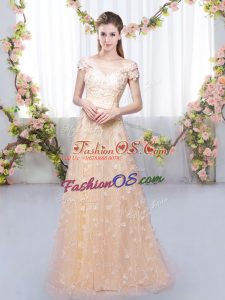 Excellent Cap Sleeves Floor Length Appliques Lace Up Bridesmaid Dress with Peach