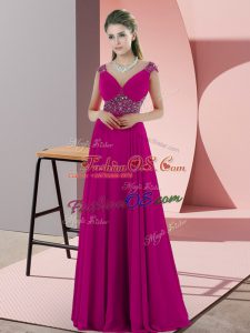 Customized Fuchsia V-neck Backless Beading Prom Evening Gown Sleeveless