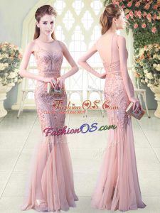 Cute Pink Sleeveless Floor Length Sequins Backless Prom Dress